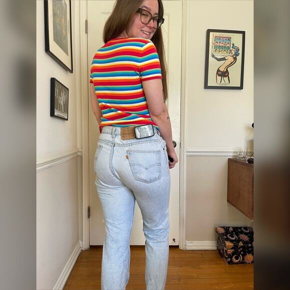 Tops - 90s/Y2K Vintage Rainbow striped short sleeved sweater with square neckline
